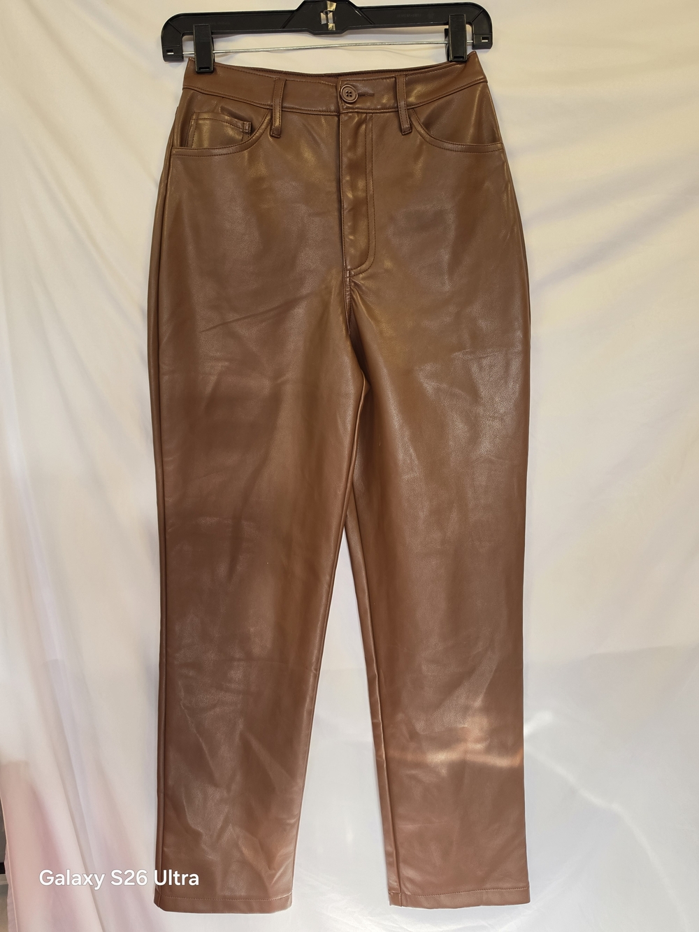 High-Rise Brown Faux Leather Straight-Leg Pants